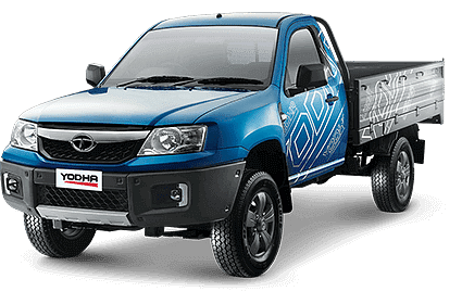 Tata Yodha 2.0 A shiny blue Tata Yodha 2.0 heavy-duty, well-equipped pickup truck with high payload and fuel efficiency